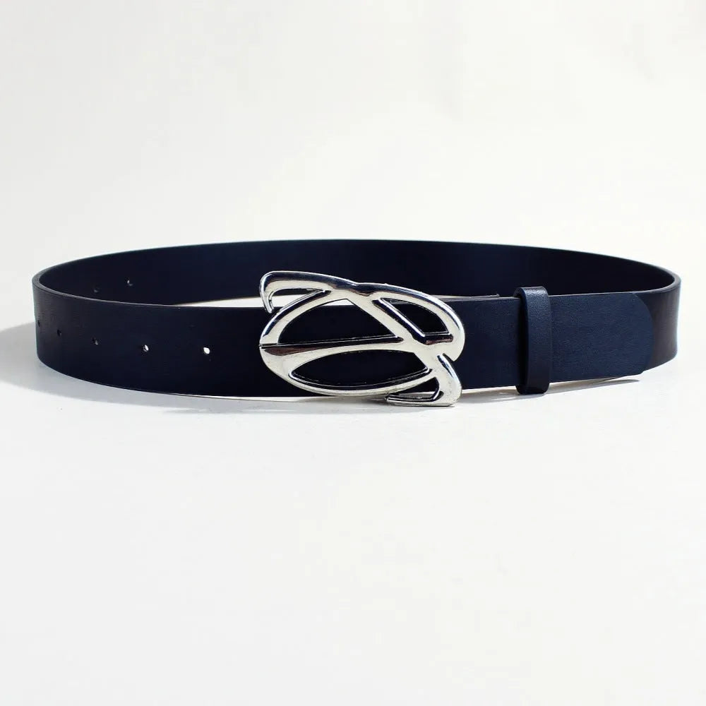 Men's silver buckle PU leather belt with snap button fastening showing three style variations