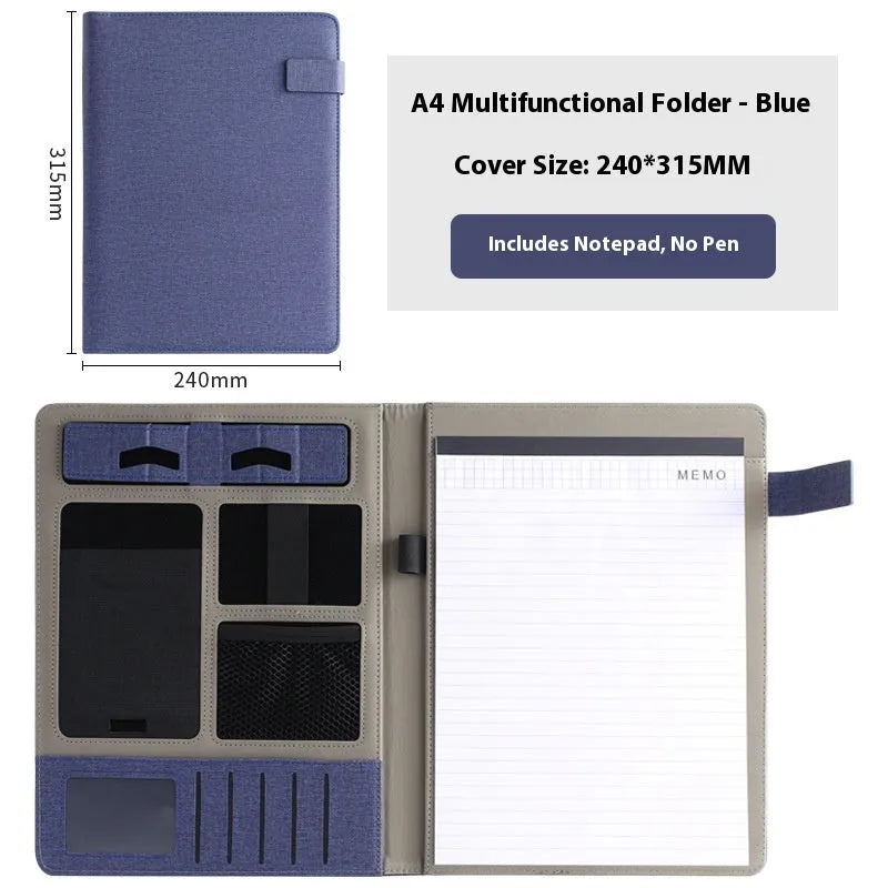 A4 leather business folder in black colour showing document storage and pen holder