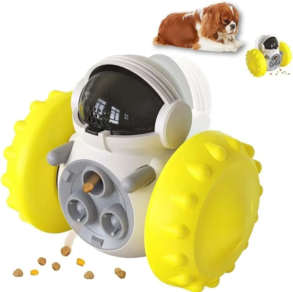 Self-balancing dog treat dispenser toy in robot design for interactive pet play