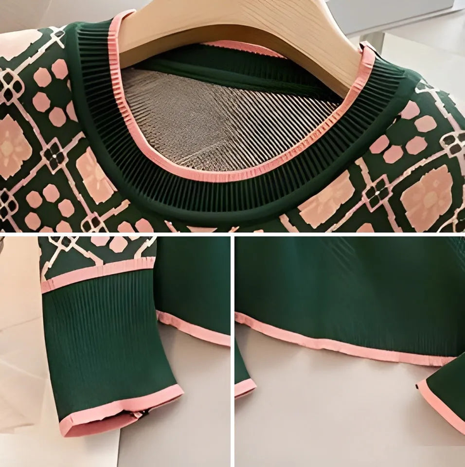 Green printed women's loose fit sweater on a hanger, free size.
