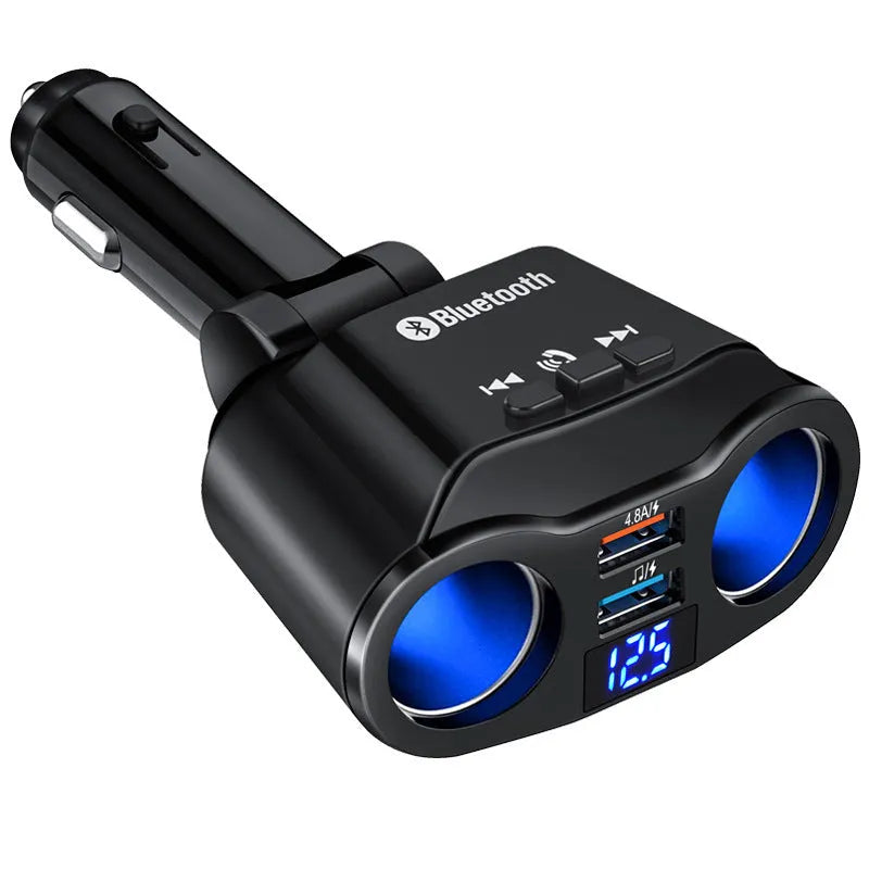 Car Bluetooth FM audio transmitter plugged into a vehicle cigarette lighter socket.