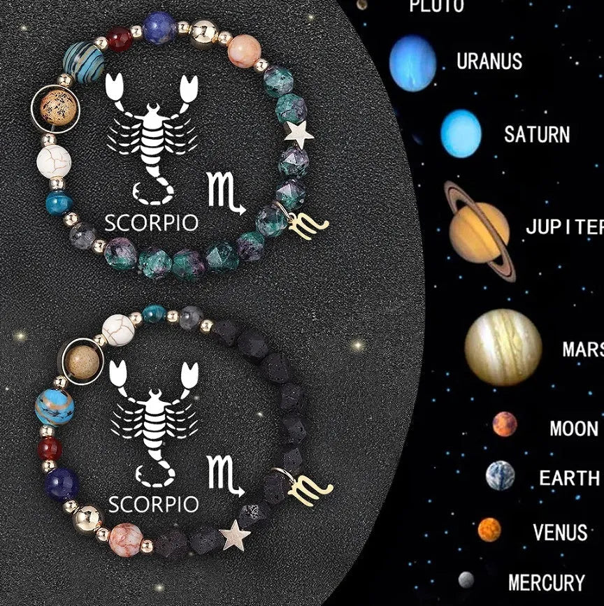 Two natural stone beaded bracelets with zodiac sign charms, representing a 12-style astrology set.