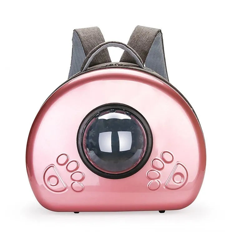 Transparent space capsule cat carrier bag with a metallic hard shell front cover
