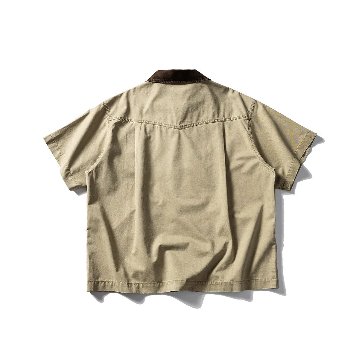 Washed overalls short sleeve shirt in cotton fabric, khaki or grey colour, loose fit casual wear