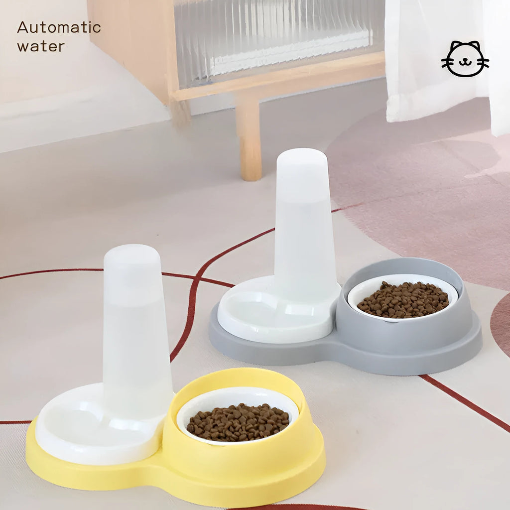 Grey and yellow dual pet food bowl with raised design for neck protection