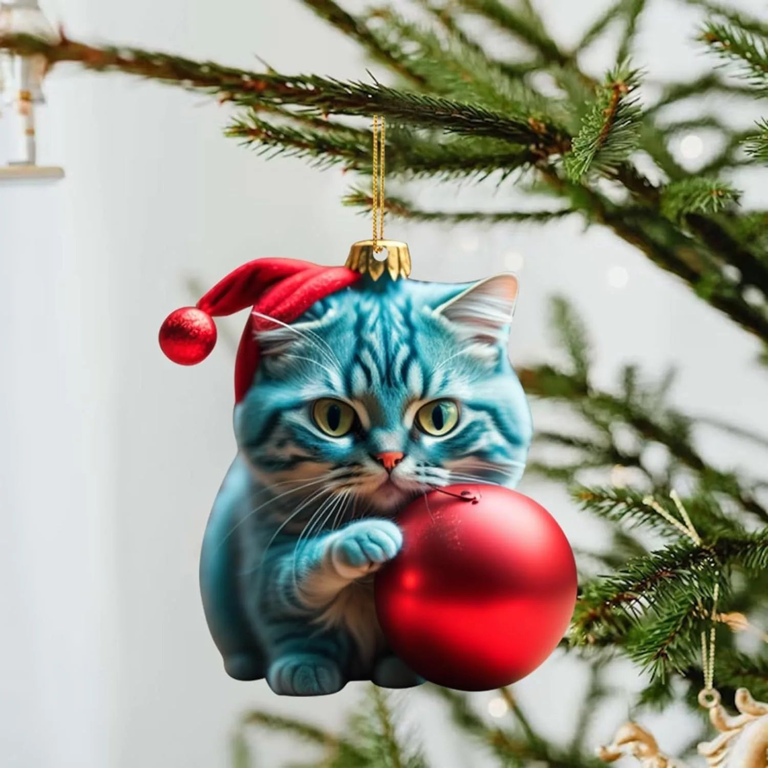 Christmas-themed cartoon cat car hanging ornament made of clear acrylic, shown in one of ten colour variants.