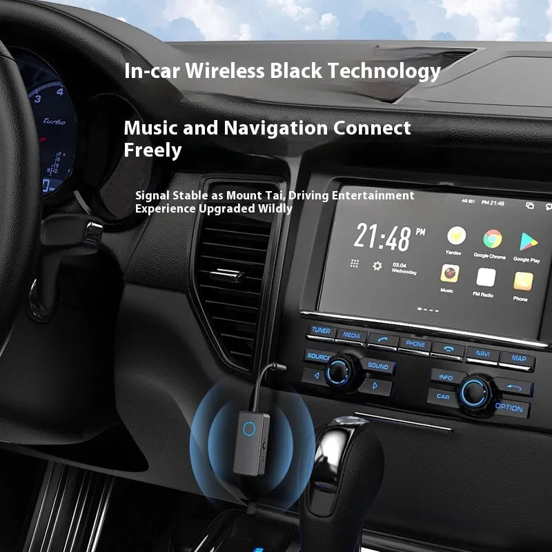 Black Bluetooth 5.4 audio adapter with a 3.5mm plug for wireless car and home stereo connectivity.
