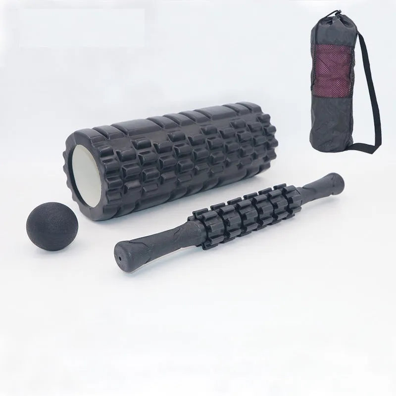 Black 33cm foam roller with six gear massage accessories for fitness recovery