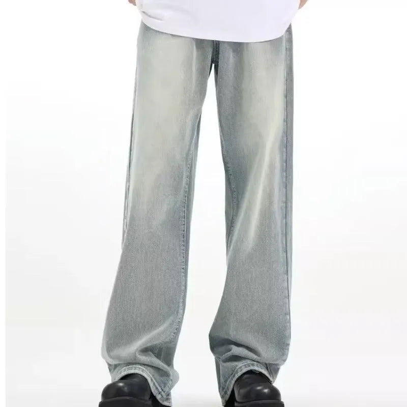 Blue loose-fit retro trousers made from rabbit fur fabric on a mannequin.