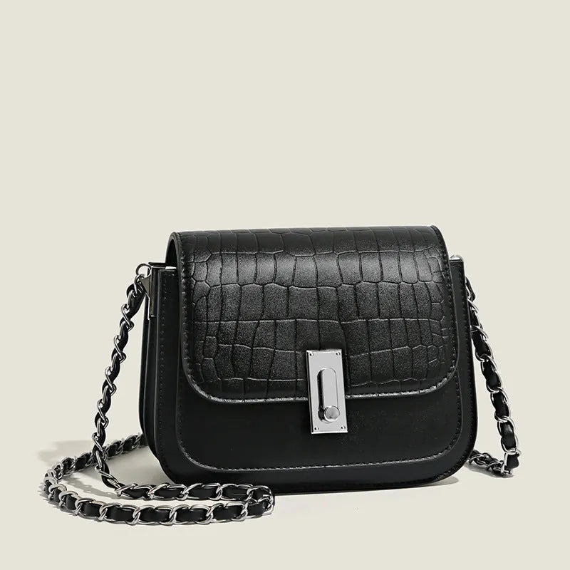 Women's soft PU chain shoulder bag in horizontal square shape with sandwich pocket design