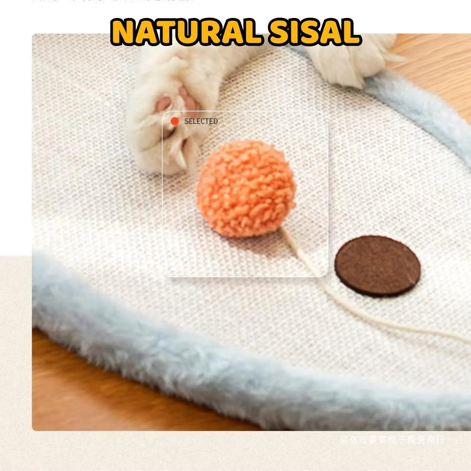 White cat scratching mat with sleeping cat cartoon design made from natural sisal fibres