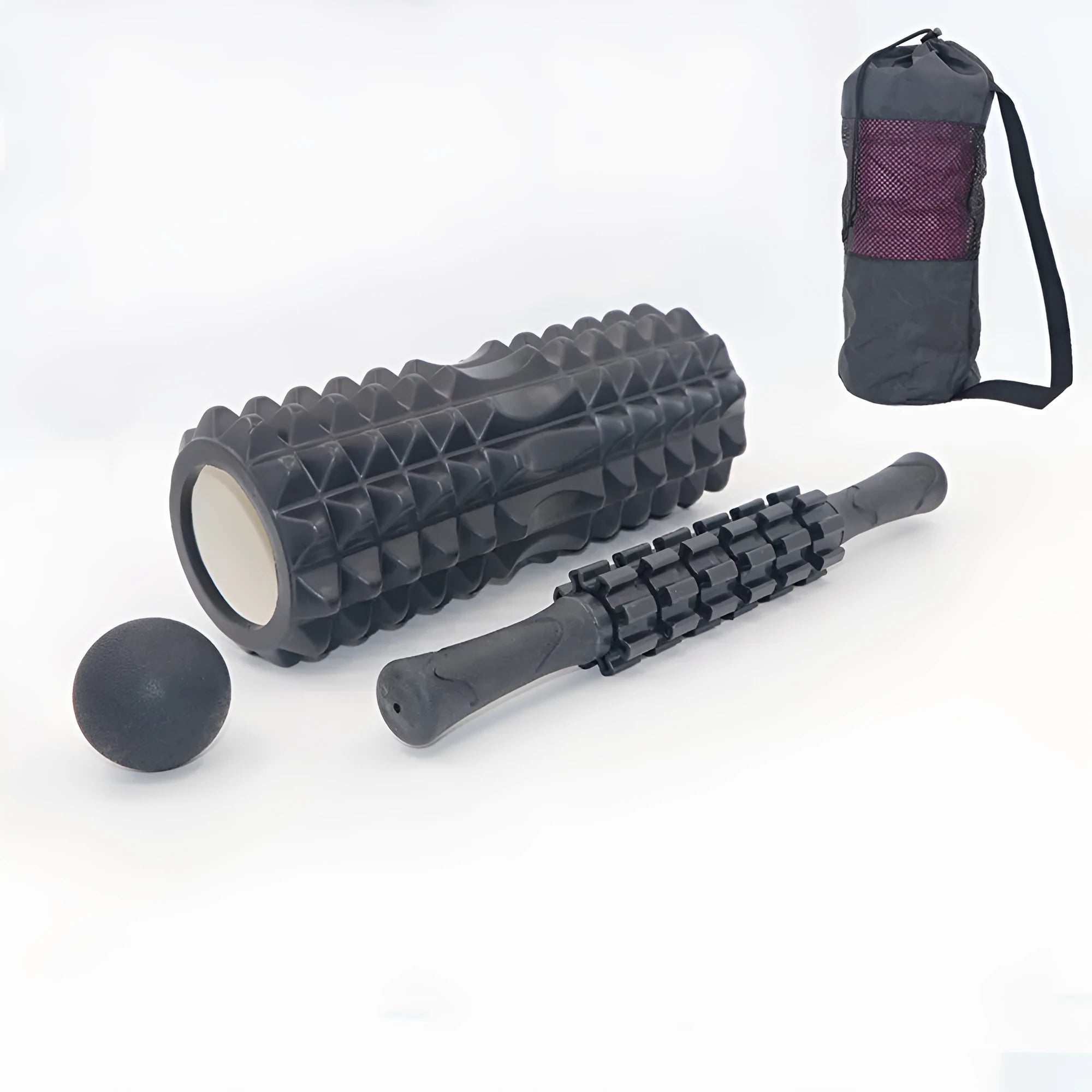 Black 33cm foam roller with six gear massage accessories for fitness recovery