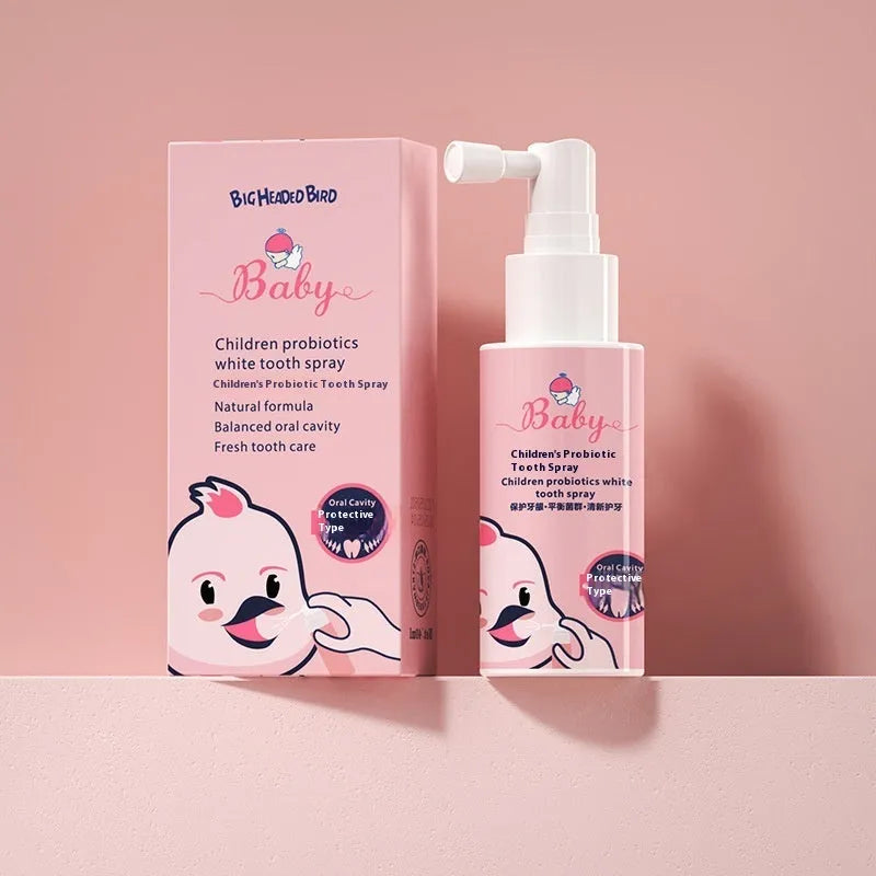 Children's probiotic oral spray bottle for teeth cleaning and cavity prevention in strawberry and orange flavours