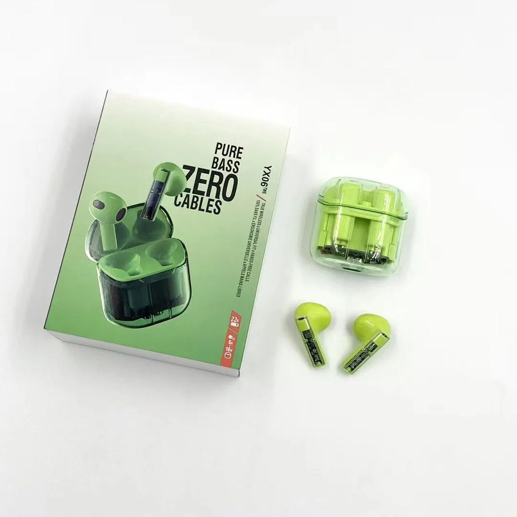 YX06 wireless TWS headphones with transparent cabin body in black, green, orange, or white featuring Bluetooth 5.3 connectivity