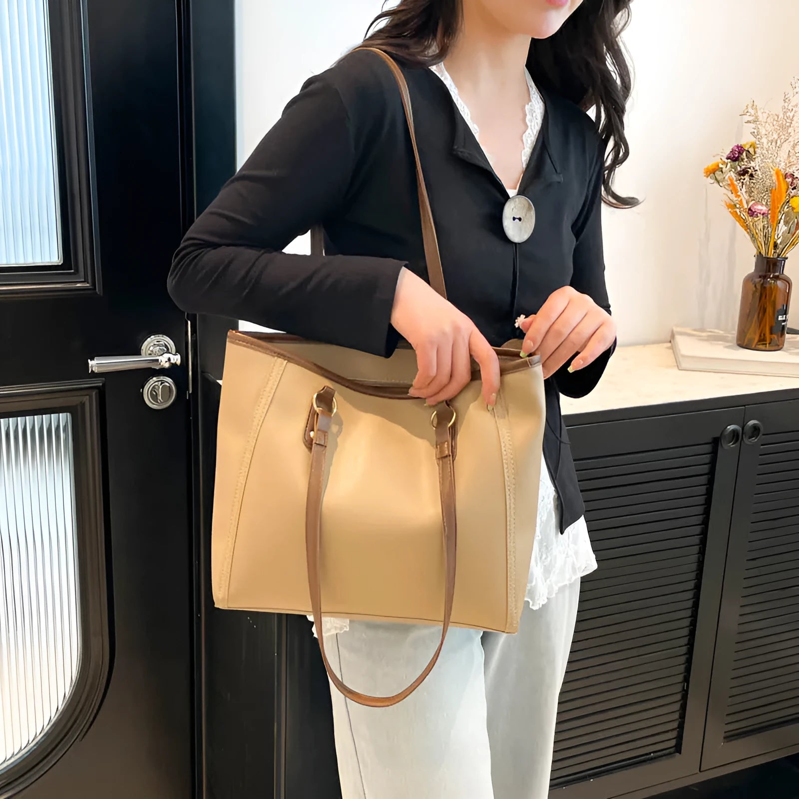 PU leather tote bag with contrast colour trim and internal mobile phone and document compartments