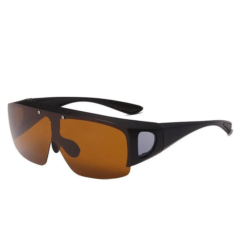 Sporty polarised myopia sunglasses with multiple interchangeable lenses including black, grey, and night vision, on a dark background.