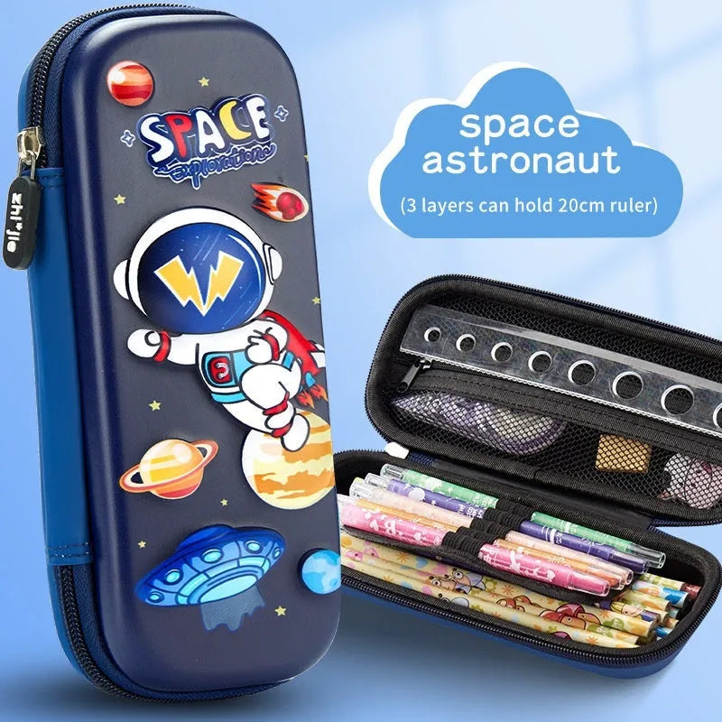 3D leather pencil case in a box shape showing one of the available design options such as a spaceship or unicorn