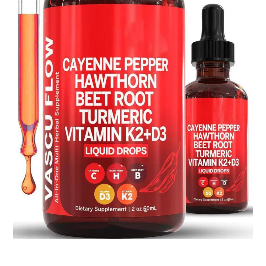 60ml glass bottle of Vitamin D3 and K2 with Hawthorn Fruit liquid supplement drops with glass dropper.