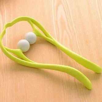 Plastic hand roller neck massager with adjustable stand and removable head in pink, blue, or green colours.