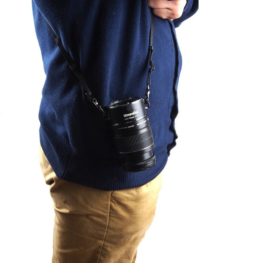 Aluminium camera lens flipper with cotton shoulder strap for quick lens exchange