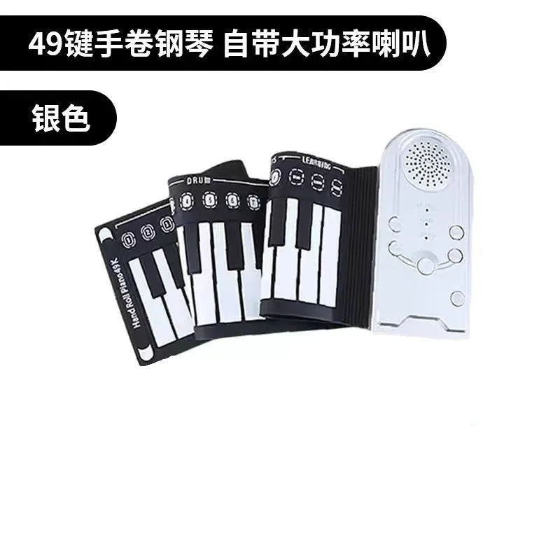 Glossy Black portable folding electronic keyboard with 49 silicone keys, shown both folded and unrolled.
