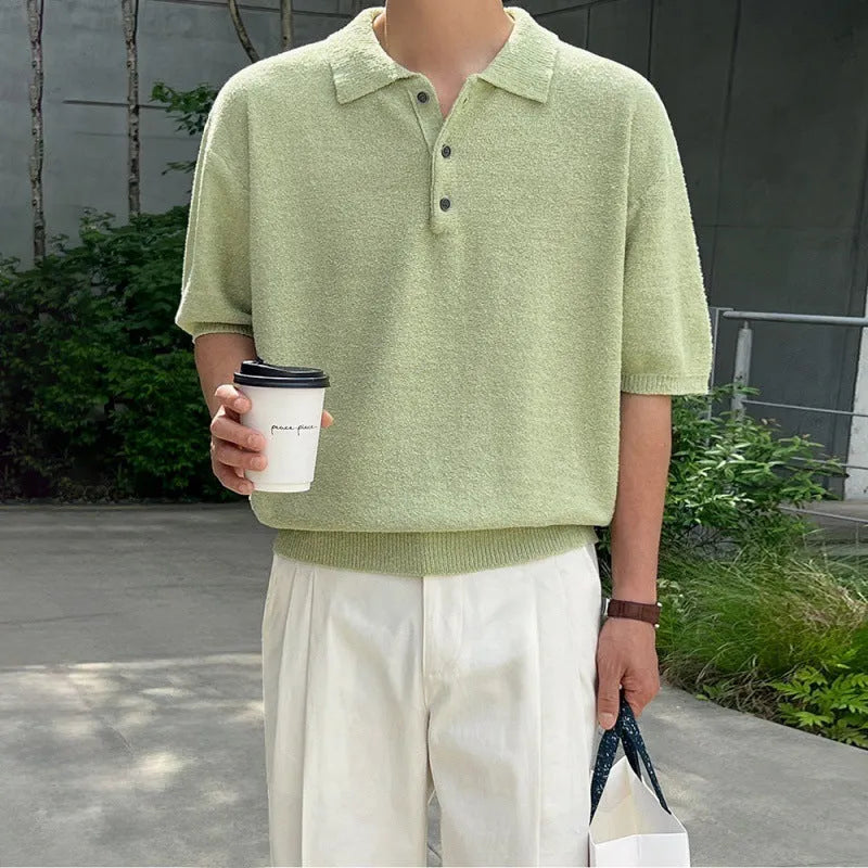 Retro knitted polo shirt for men with asymmetric design in caramel colour, showing short sleeves and loose fit