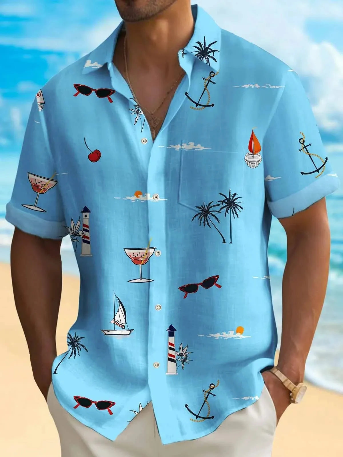Men's loose fit Hawaiian shirt with digital print pattern and short sleeves