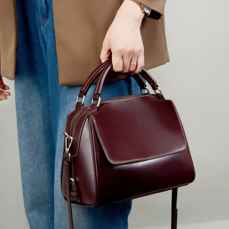 Women's genuine leather crossbody tote bag in cross square design with multiple compartments