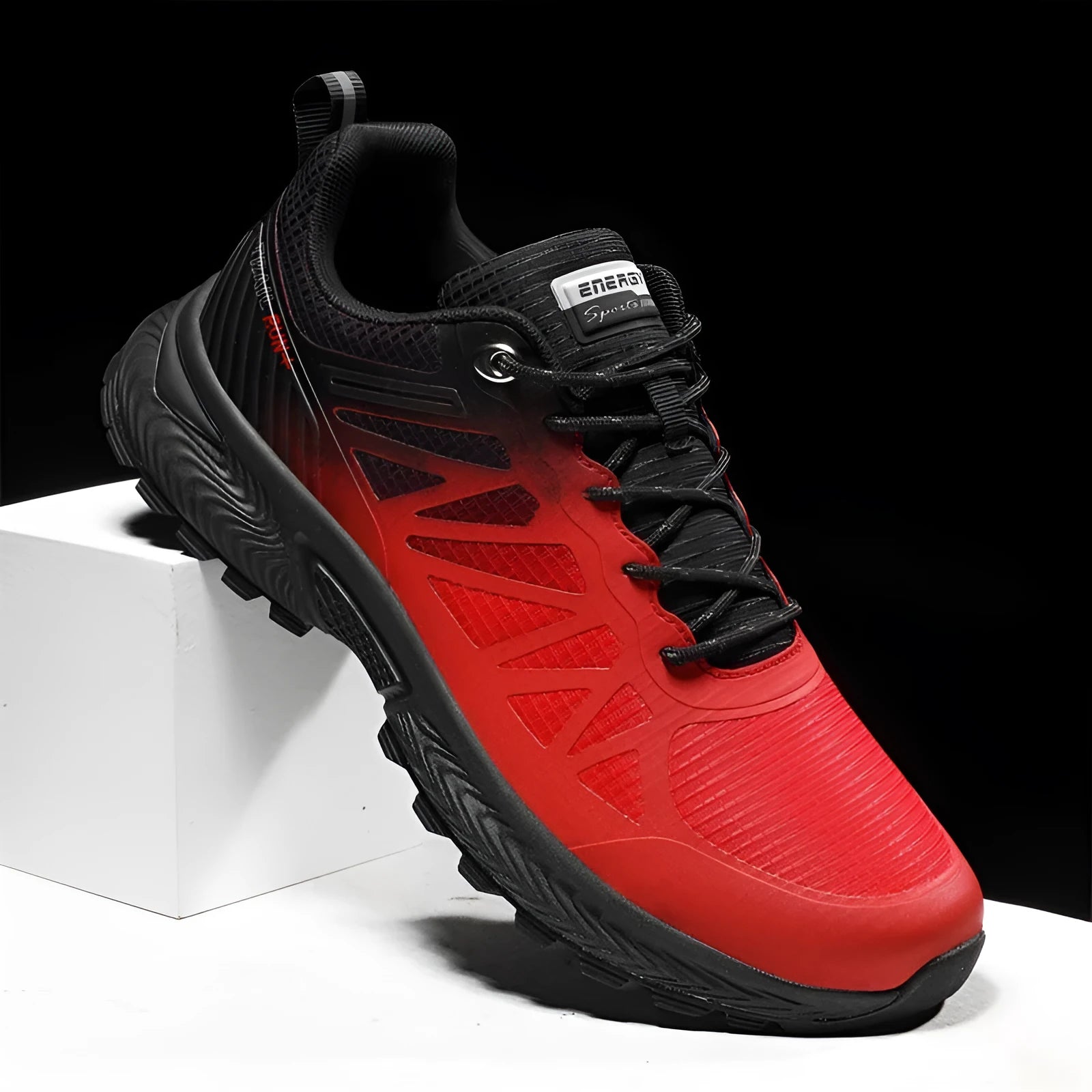 Men's black breathable mesh outdoor running shoe with round toe and flat heel on a white background.