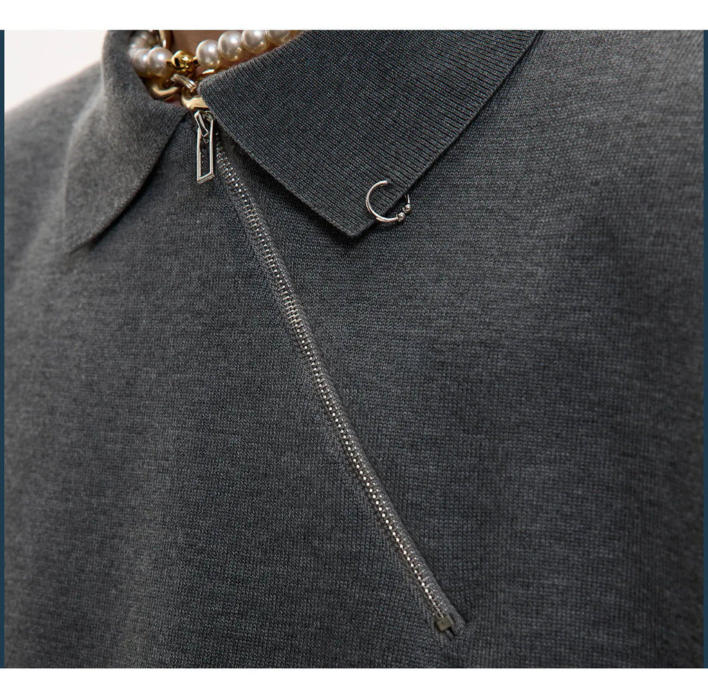 Men's black slim-fit knitted polo shirt with short sleeves and a diagonal oblique zipper