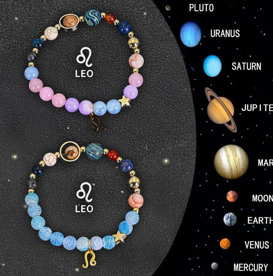 Two natural stone beaded bracelets with Chinese zodiac charms on elastic cord