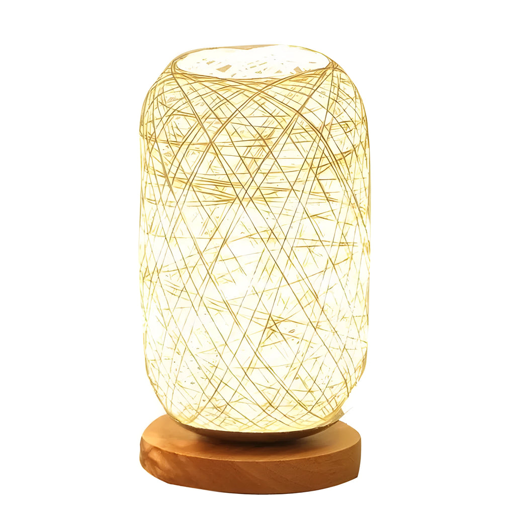 Natural hemp rope Sepak Takraw sphere desk lamp with solid wood base and USB cable
