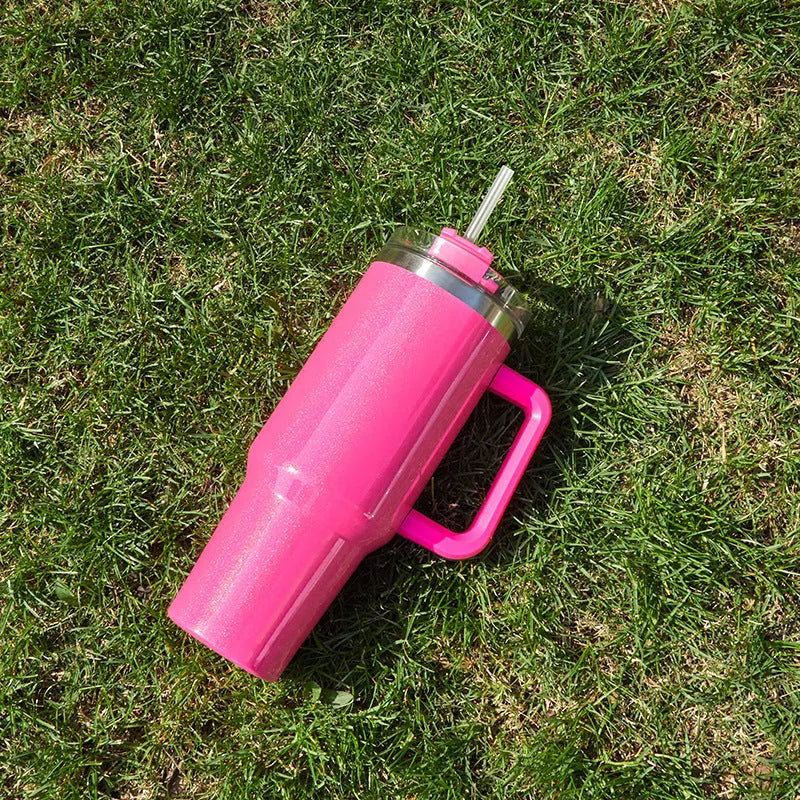 Large stainless steel vacuum insulated cup in a gradient colour option showing its height and simple style.