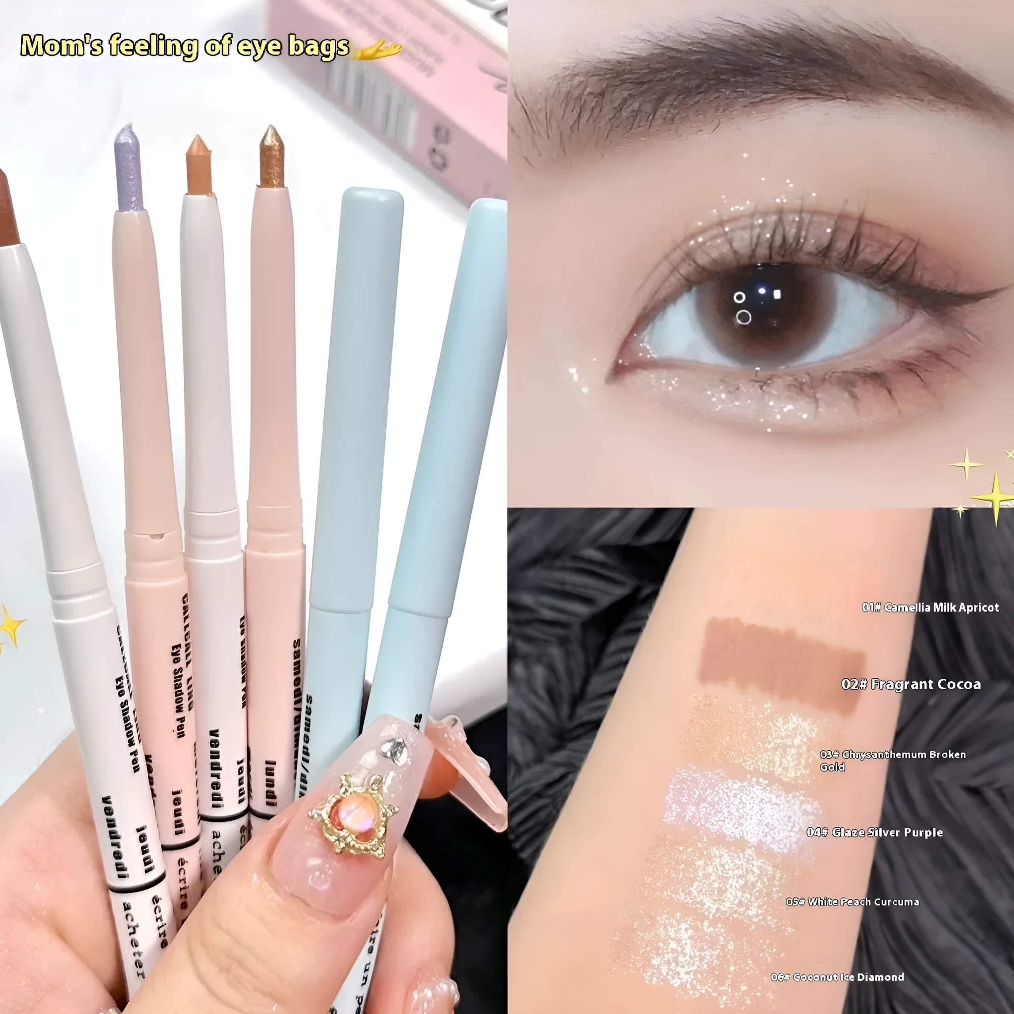 Waterproof 2-in-1 eyeliner and eyeshadow pen in assorted colours on a white background