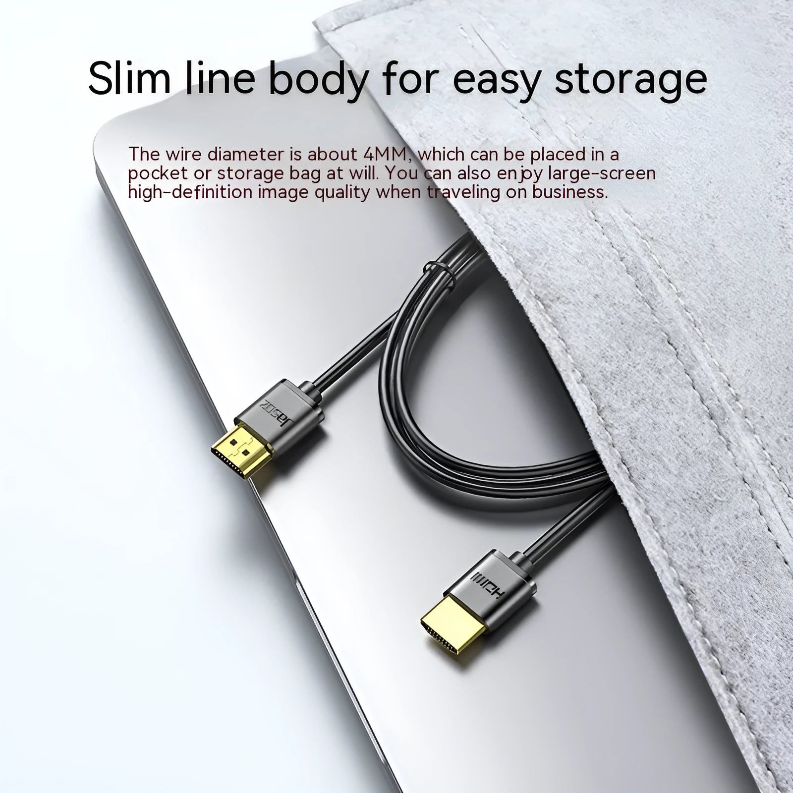 Gold-plated HDMI cable with thin black wire, shown with connector close-up highlighting contacts.