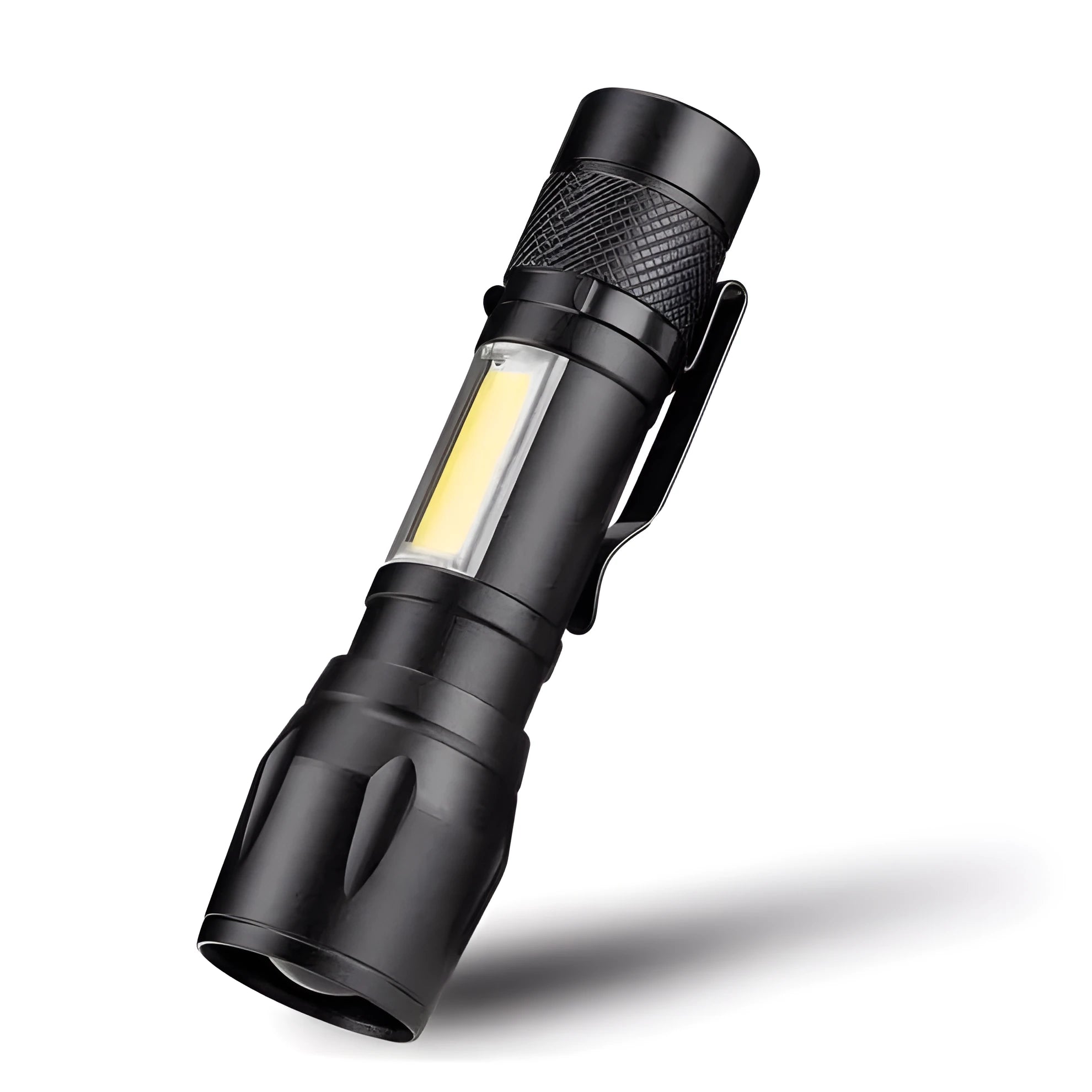 Black aluminium telescopic LED flashlight with pocket clip, shown zoomed in and out.
