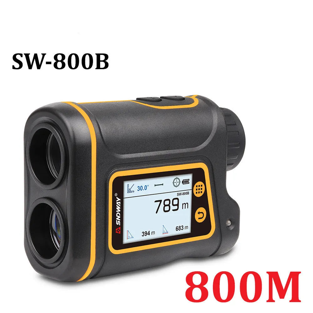 Handheld golf rangefinder device showing compact design with measurement display