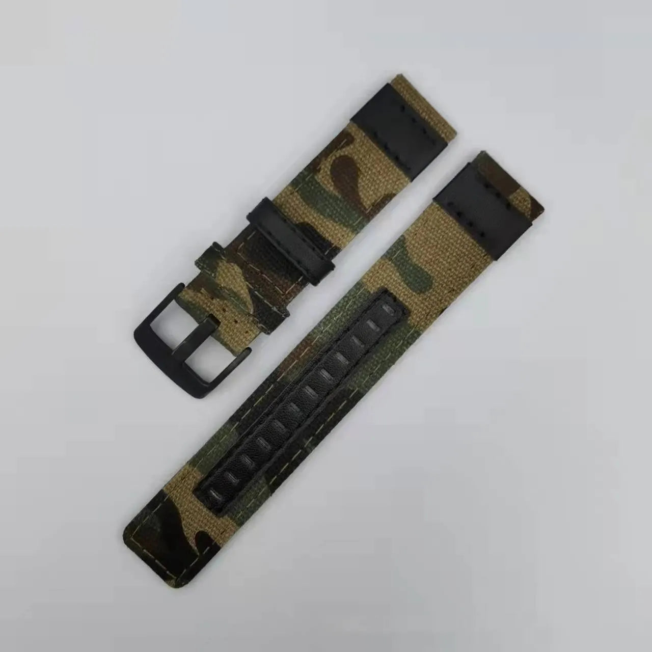 Oxford cloth watch strap shown in multiple colours including camouflage, army green, and black, with size options for 20mm, 22mm, and 24mm widths.