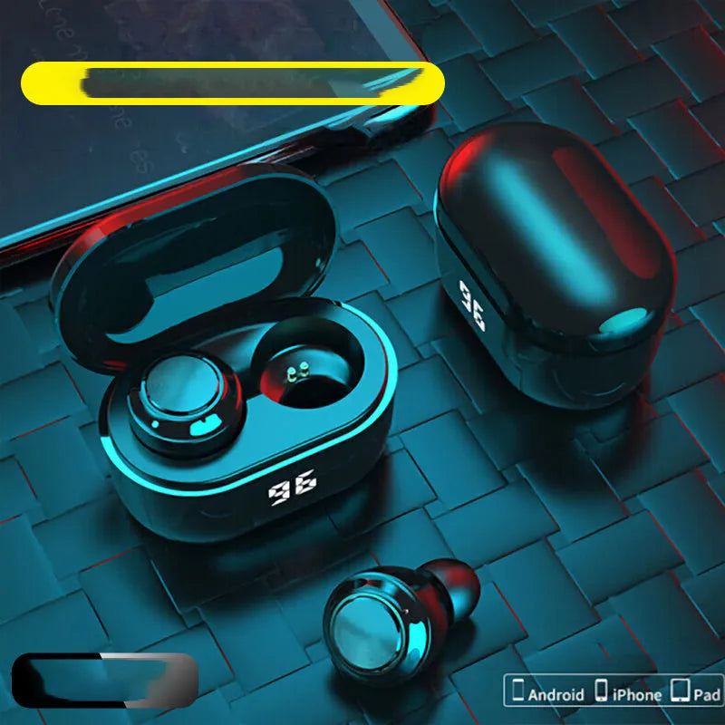 Black in-ear stereo Bluetooth headset with earpieces for both ears.