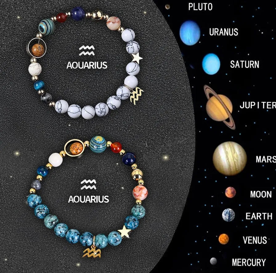Set of twelve natural stone beaded bracelets for each zodiac sign arranged together.