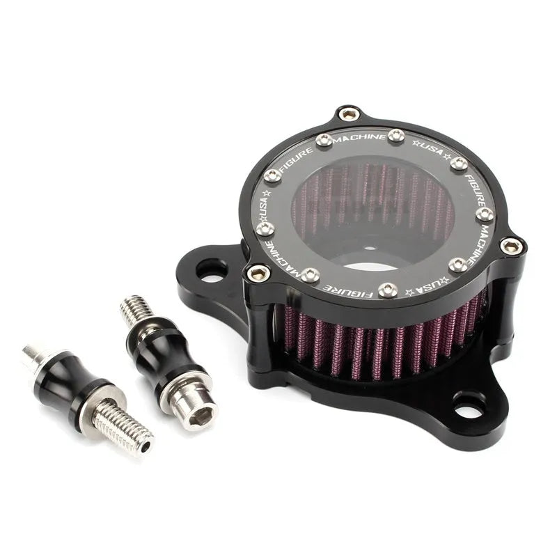 CNC aluminium retro motorcycle air filter with glass window for Harley Sportster, showing black and red filter element options.