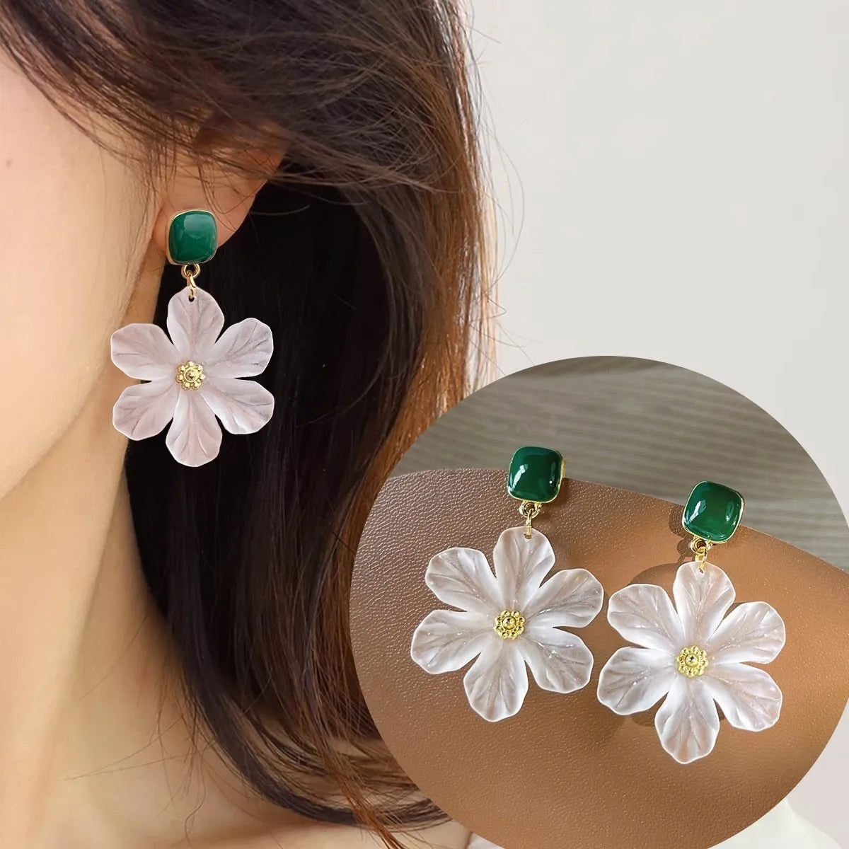 Dark green alloy floral earrings with sterling silver needles and wirework sweet flowers design