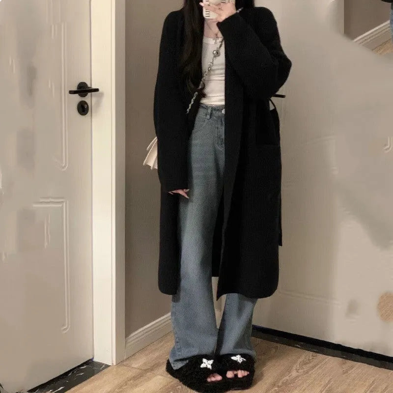 Loose fit dark grey knitted cardigan for women with thick Chenille fabric and long sleeves.
