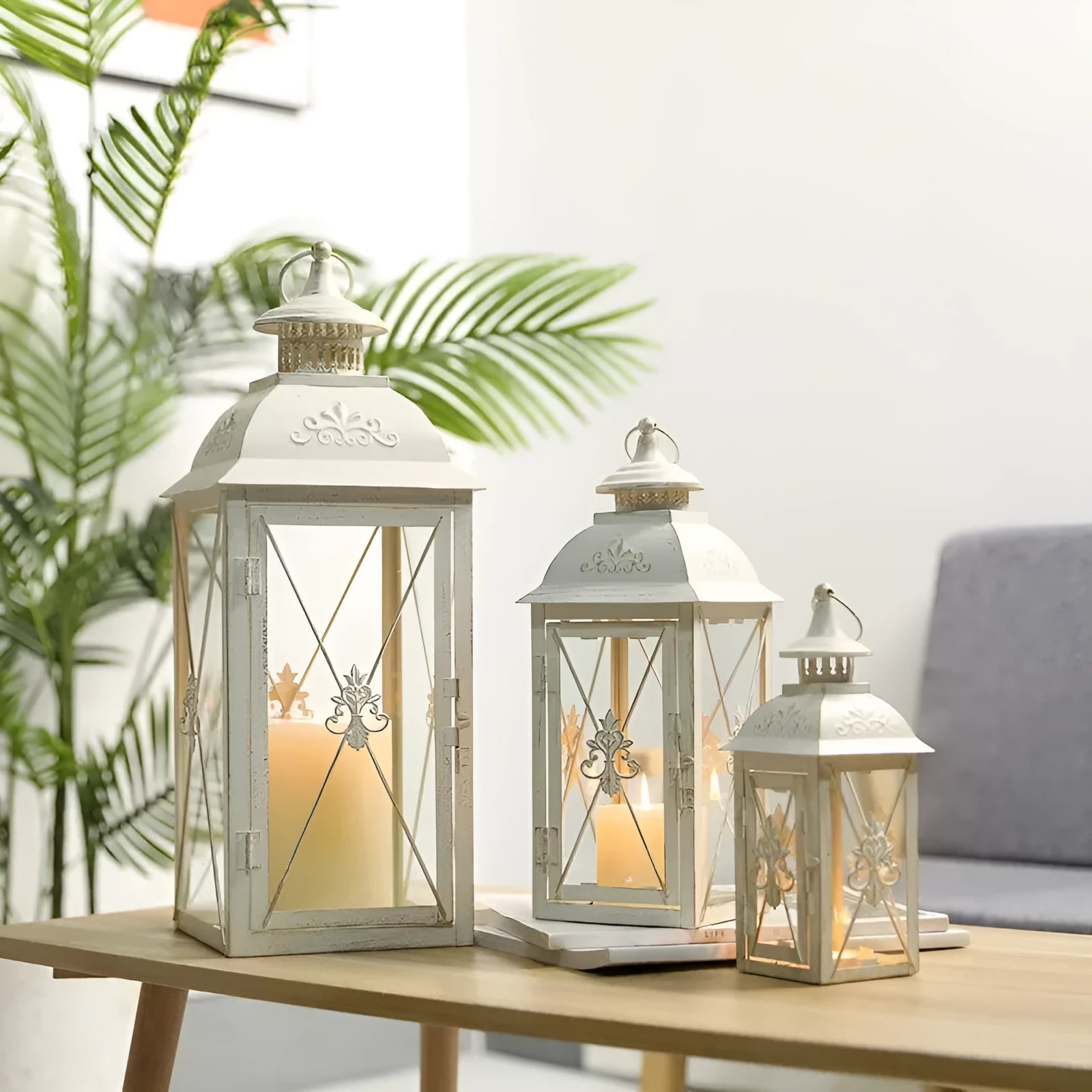 European style black and white wrought iron floor-standing storm lantern with tempered glass for courtyard decoration