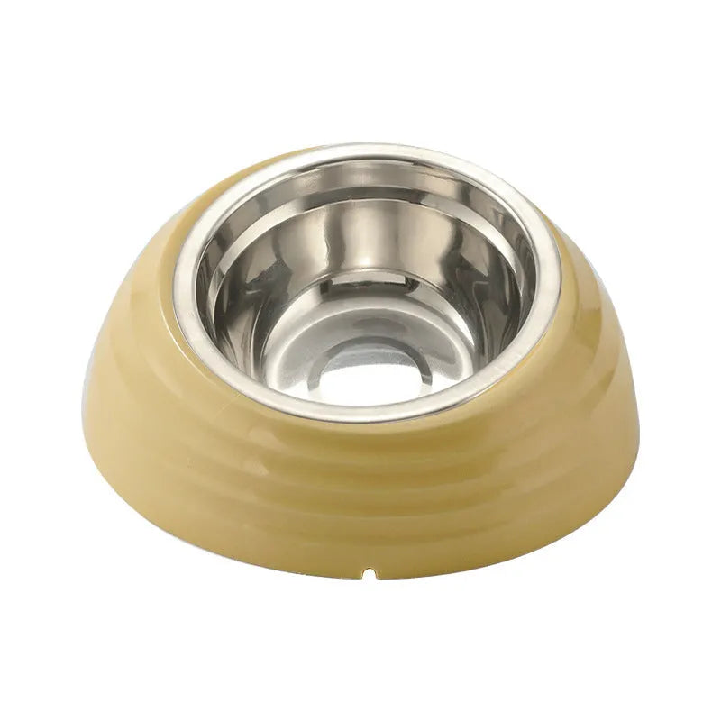 Stainless steel cat bowl on a plastic base in beige, brown, or light green.