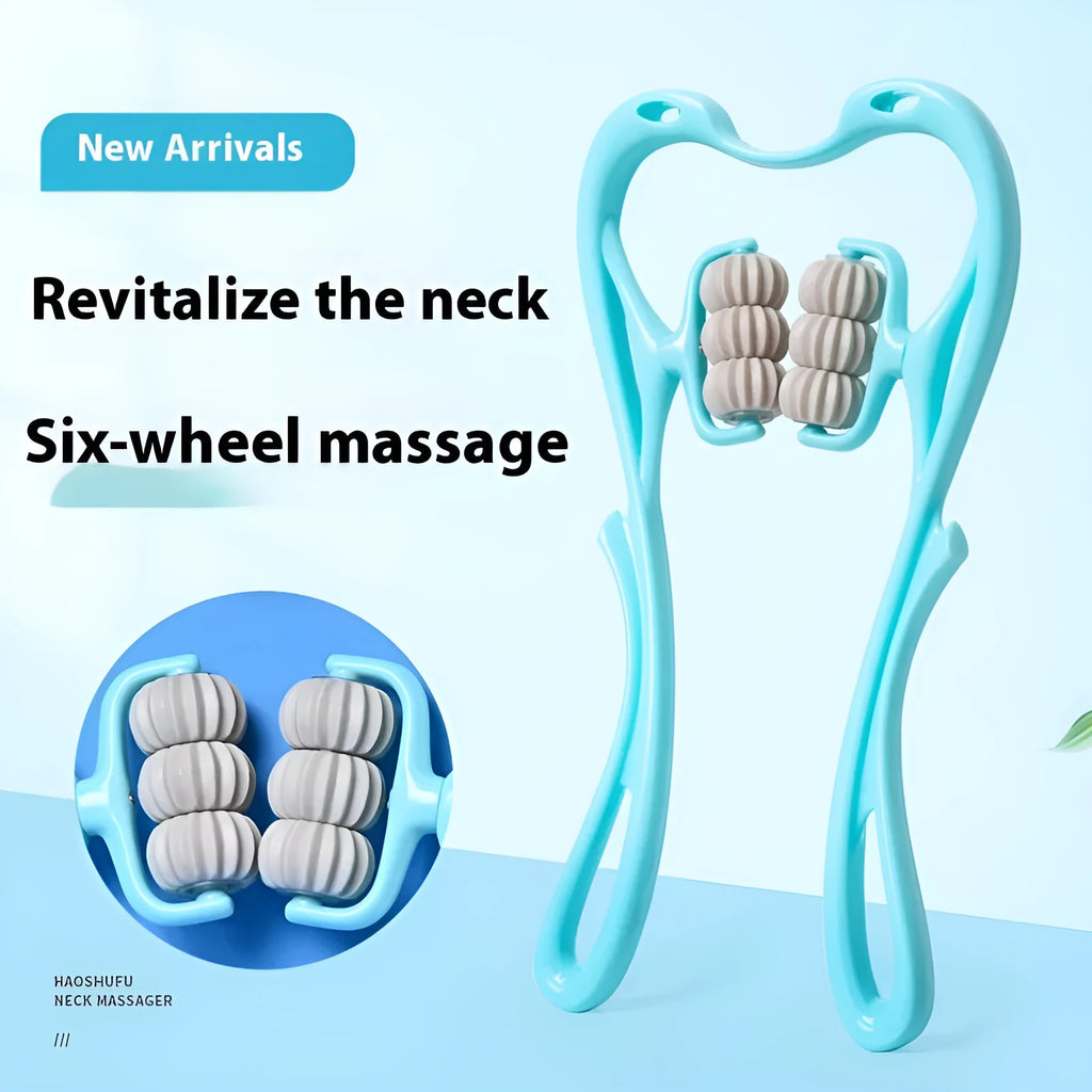 Blue plastic handheld massager with six rotating wheels for shoulder neck and waist relief