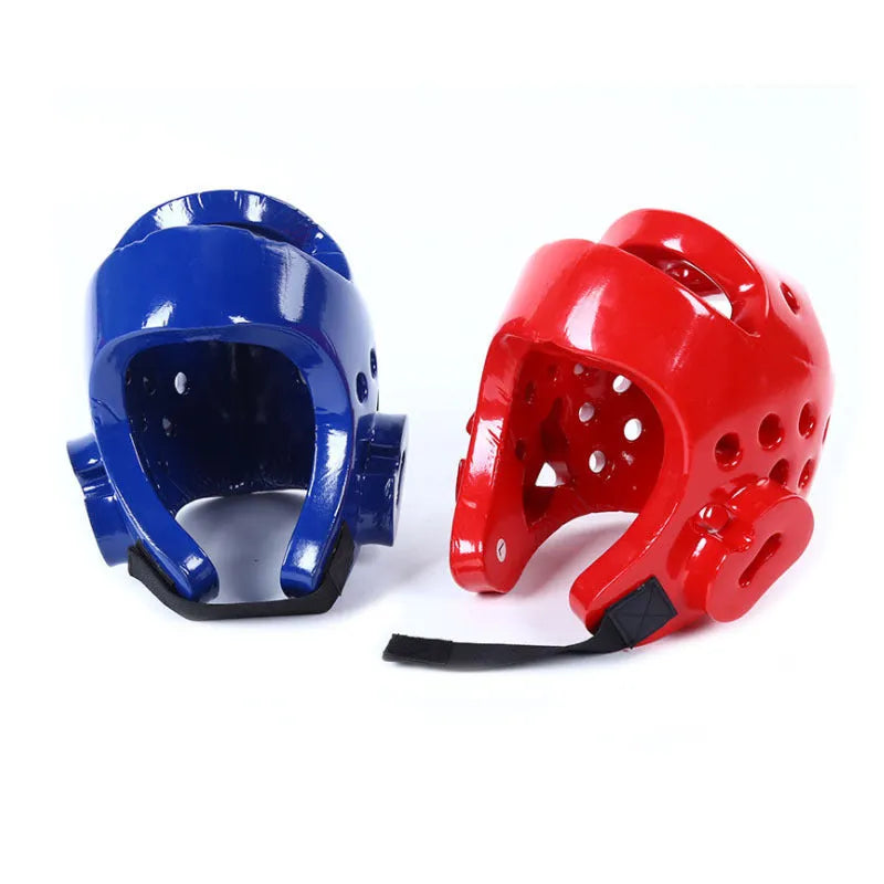 Blue karate protective gear set showing helmet, boxing gloves and leg guards for martial arts training