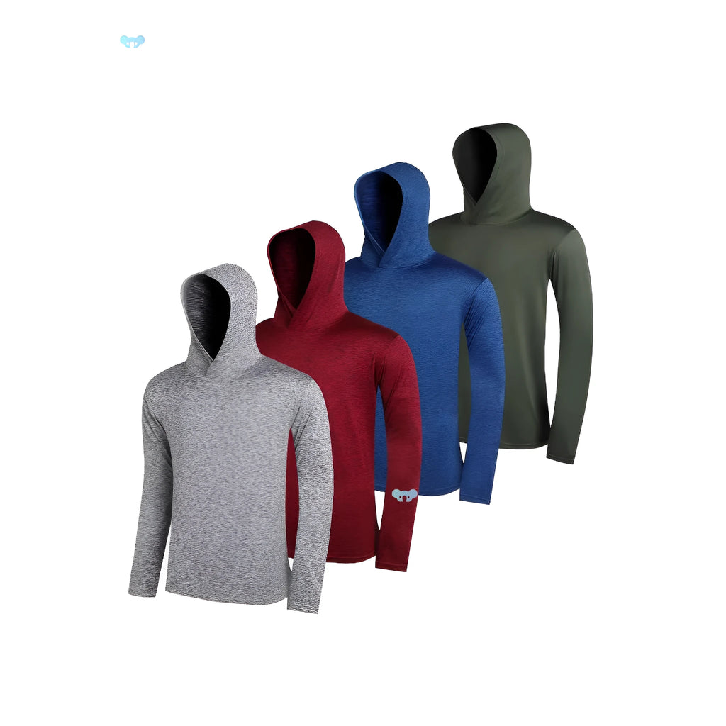 Four men's lightweight hoodies folded, showing elastic polyester fabric and available colour options.