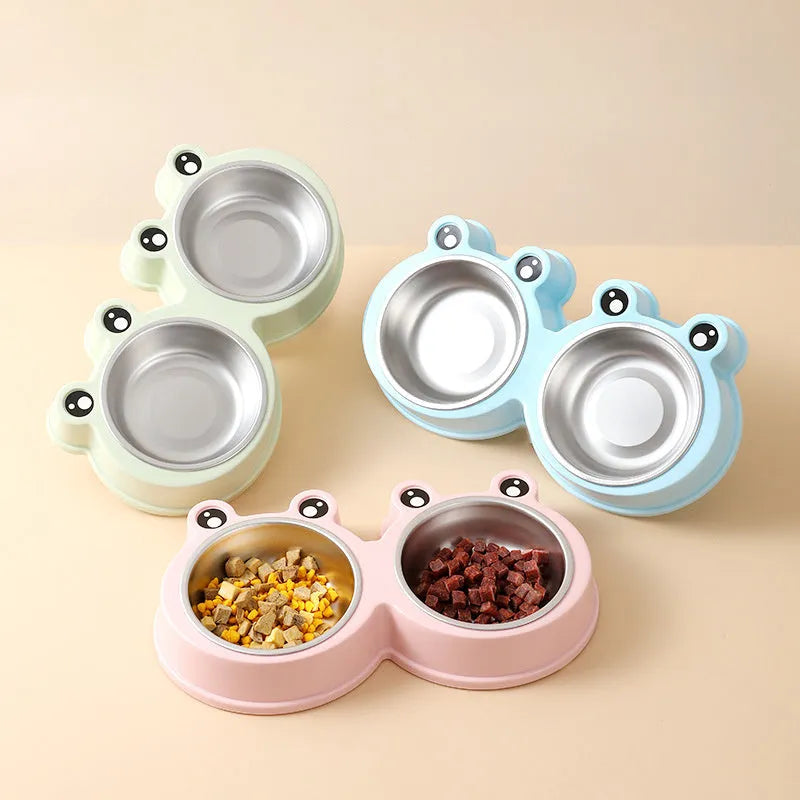 Stainless steel frog-shaped pet bowl set with separate food and water compartments