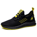 Men's black casual sports shoes with white stripes and a cross-strap detail over a Flying Weave upper.